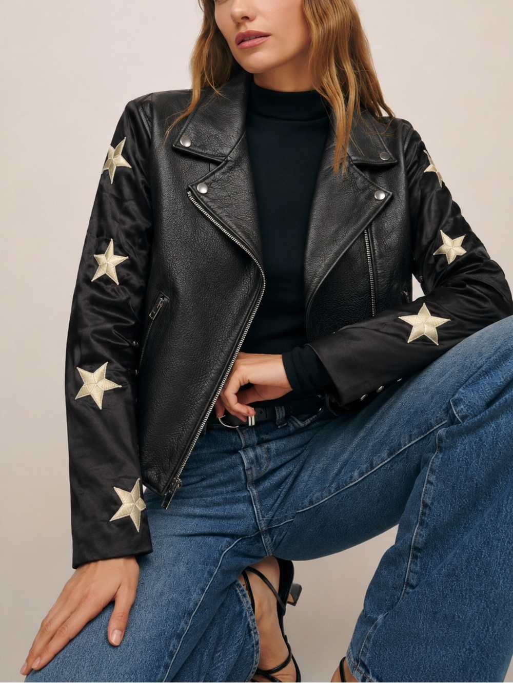 Reformation Big Dipper Leather Satin Star Embroidered Sleeve Moto Jacket